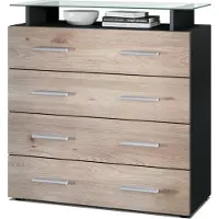 Vladon Sideboard Pavos V2, Kommode mit 4 Schubladen und Glasablage, Schwarz matt/Eiche Nordic (76 x 81 x 35 cm)