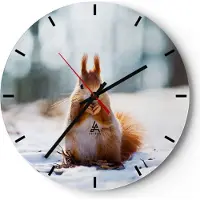ARTTOR Wanduhr - Rund - Glasuhr - Eichhörnchen Winter Schnee Essen - 30x30cm - Schleichendes Uhrwerk - Lautlos - zum Aufhängen bereit - Dekoration Modern - Wanddekoration aus Glas - C3AR30x30-2798