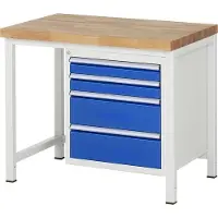 RAU Werkbank mit 4 Schubladen - Vollauszug - 90:2 / 180:2 - höhenverstellbar 840-1.040 mm - 1.000 x 700 mm (BxT) - Traglast 1.250 kg - Buche