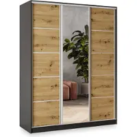 Masseno Schiebetürenschrank NATA 150/205/58 cm Kleiderschrank mit 4 Schubladen Schlafzimmer Schrank 3-türig mit Spiegel Schwarz / Eiche Artisan