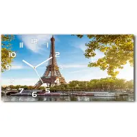 Tulup Wanduhr aus Glas – 60x30 cm - Glasbild - Glasuhr - Gehärtetes Glas - weisse-zeiger - Eiffelturm Paris