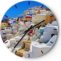 ARTTOR Wanduhr - Rund - Glasuhr - Griechenland insel tourismus santorini - 30x30cm - Schleichendes Uhrwerk - Lautlos - zum Aufhängen bereit - Dekoration Modern - Wanddekoration aus Glas - C3AR30x30-2651