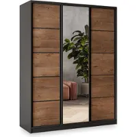 Masseno Schiebetürenschrank NATA 150/205/58 cm Kleiderschrank mit 4 Schubladen Schlafzimmer Schrank 3-türig mit Spiegel Schwarz / Eiche Lefkas
