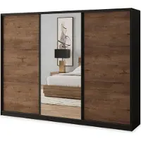 Masseno Schiebetürenschrank SORE 250/205/58 cm Kleiderschrank mit 4 Schubladen Schlafzimmer Schrank 3-türig mit Spiegel Schwarz / Eiche Lefkas