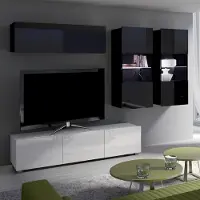 Lomadox Wohnwand Set mit 2 beleuchteten Hängevitrinen in schwarz & weiß Hochglanz CAIRNS-132, B/H/T ca. 230/200/43 cm