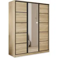 Masseno Schiebetürenschrank PINA 160/205/58 cm Kleiderschrank mit 4 Schubladen Schlafzimmer Schrank 3-türig mit Spiegel Sonoma Eiche