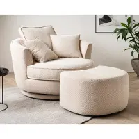 Furn.Design Drehsessel "Comfy" wollweiß Web-Velours XL Sessel drehbar inkl. Kissen und Hocker