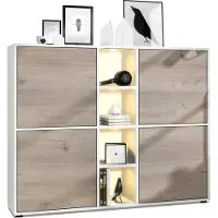 Vladon Highboard Cuba V3, Germany, Weiß matt/Eiche Nordic inkl. LED - Moderne Anrichte mit 12 Fächern (130,5 x 105,5 x 35,5 cm)
