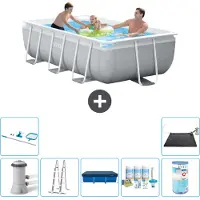 Intex Rechteckiges Prisma-Rahmen-Schwimmbecken – 300 x 175 x 80 cm – Grau – inklusive Pumpe – Leiter Abdeckung - Wartungspaket - Filter - Reinigungskit - Solarmatte