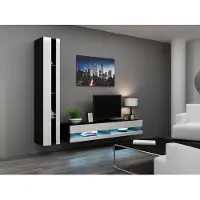 Fun-Möbel Mediawand Wohnwand 2 tlg - SENTIC 8 - Schwarz/Weiss Hochglanz inkl.LED