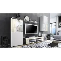 Vladon Wohnwand Movie, Anbauwand bestehend aus 1 TV-Board, 2 Vitrinen und 1 Regal, Weiß matt/Weiß matt/Creme Hochglanz, inkl. LED-Beleuchtung in weiß (Gesamt: 300 x 190 x 39 cm)
