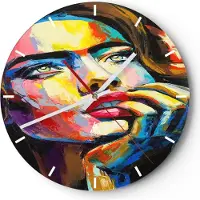ARTTOR Wanduhr - Rund - Glasuhr - Mädchen Gesicht - 40x40cm - Schleichendes Uhrwerk - Lautlos - zum Aufhängen bereit - Dekoration Modern - Wanddekoration aus Glas - C3AR40x40-3456
