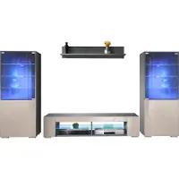 Vladon Wohnwand Nevada V2, Anbauwand bestehend aus 2 Vitrinen, 1 TV-Board und 1 Wandregal Anthrazit matt/Sandgrau Hochglanz inkl. LED Beleuchtung (304,5 x 141 x 39 cm)
