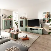 Lomadox Wohnzimmer-Set mit Fernsehschrank & Highboard mit LED-Akzentbeleuchtung, Grün mit Eiche, modern, 5-teilig - MOSTAR-05