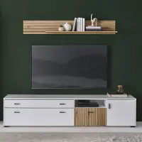 Lomadox TV Lowboard 200cm und Wandboard weiß matt Eiche gerillt HUNTER-61