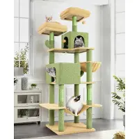 Markenlos Kratzbaum Kaktus Grün XXL 195 cm hoch mit 2 Katzenhaus, 2 Sitzstangen, Große Hängematte 50 * 33CM, Korb, Kratzbaum Groß Stabil für Mehrere Katze Erwachsene Ausruhen Spielen Innen (F76,Grün)
