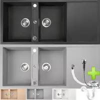Homeline Doppel Becken Küchenspüle 2 Becken Spüle Granitspüle Schwarz Küchenspüle Granit Siphon Einbauspüle Spüle ,SQ 1160x510-Schwarz-Doppel