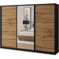 Masseno Schiebetürenschrank SORE 250/205/58 cm Kleiderschrank mit 4 Schubladen Schlafzimmer Schrank 3-türig mit Spiegel Schwarz / Eiche Wotan