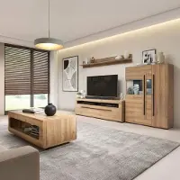 Lomadox Wohnzimmer Set in Eiche, 4-teilig mit Wohnwand & Couchtisch, inkl. LED Beleuchtung - TURDA-83