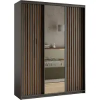 Masseno Schiebetürenschrank ORRA 150/205/60 cm Kleiderschrank mit Spiegel und Lamellen, 4 Schubladen Schlafzimmer Schrank 3-türig Schwarz + Eiche Wotan