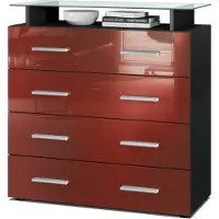 Vladon Sideboard Pavos V2, Kommode mit 4 Schubladen und Glasablage, Schwarz matt/Bordeaux Hochglanz (76 x 81 x 35 cm)