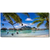 Tulup Wanduhr aus Glas – 60x30 cm - Glasbild - Glasuhr - Gehärtetes Glas - schwarze-zeiger - Palmen auf Bora Bora