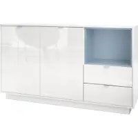 Vladon Sideboard Kommode Metro, Germany, Korpus in Weiß Hochglanz / Fronten in Weiß Hochglanz mit Einsatz in Denim matt