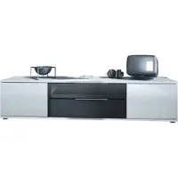 Vladon TV Lowboard Linio V2, Fernsehtisch mit 2 Türen und 2 Schubladen – Weiß / Schwarz Hochglanz (166,5 x 37,5 x 35 cm)