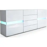 Vladon Sideboard Flow, Germany, Weiß matt/Weiß Hochglanz inkl. LED - Moderne Kommode mit Ambient Light Verglasung für Ihr Wohnbereich (177 x 75 x 39 cm)