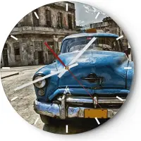 ARTTOR Wanduhr - Rund - Glasuhr - Auto Retro Kuba Havanna - 40x40cm - Schleichendes Uhrwerk - Lautlos - zum Aufhängen bereit - Dekoration Modern - Wanddekoration aus Glas - C3AR40x40-2461