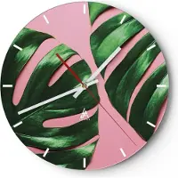 ARTTOR Wanduhr - Rund - Glasuhr - Monstera Blatt Rosa - 30x30cm - Schleichendes Uhrwerk - Lautlos - zum Aufhängen bereit - Dekoration Modern - Wanddekoration aus Glas - C3AR30x30-4407