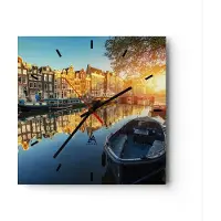 ARTTOR Wanduhr - Quadrat - Glasuhr - Kanal Boot Amsterdam Wasser - 30x30cm - Schleichendes Uhrwerk - Lautlos - zum Aufhängen bereit - Dekoration Modern - Wanddekoration aus Glas - C3AC30x30-2857