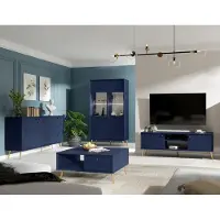 Lomadox Wohnwand blau modern, goldene Füße, mit Sideboard und Couchtisch & Vitrine mit LED Beleuchtung, 4-teilig RIPLEY-166