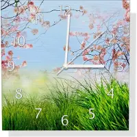 Wallario Design Wanduhr Kirschblütenzweige und grüne Wiese- Frühling aus Aluverbund, Größe 30 x 30 cm
