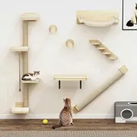 Markenlos 7PCS Kletterwand Katzen, Katzen-Wandmöbel aus Holz, Katzen-Kletterbaum mit 3 Kratzbäumen/4 Stufen, Katzentreppe/Hängematte/Katzenbett, Katzenbaum zur Wandmontage mit 4 Plattformen