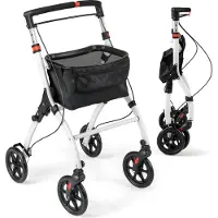 Costway Rollator 5-Fach für Wohnung, Gehhilfe Indoor faltbar, leicht, höhenverstellbar, inkl. Tablett, Korb, 4 Rädern & Bremsen, Weiß, Schwarz