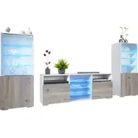 Vladon Wohnwand Granada, Anbauwand bestehend aus 2 Vitrinen und 1 TV-Board, Weiß matt/Eiche Nordic inkl. LED-Beleuchtung (286 x 122,5 x 35 cm)
