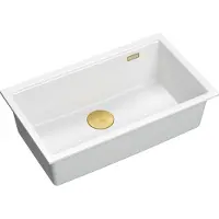 Quadron Spülbecken 1-Becken Spüle | Größe: 70 x 37 x 23,5 cm | LOGAN 110 | Küchenspüle Granitspüle aus GraniteQ mit Siphon | Weiß + Golden PVD