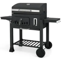 Costway Holzkohlegrill, Grillwagen mit Deckel, Rädern, 2 klappbaren Seitentischen, Grillrost, Thermometer, 6-fach-Holzkohlebehälter & Ablagefach