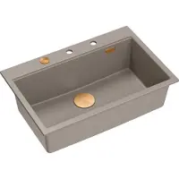 Quadron Spülbecken 1-Becken Spüle | Größe: 76 x 50 x 23,5 cm | MARC 110 | Granitspüle aus GraniteQ mit Siphon + Spender + Platte | Soft Taupe/Kupfer