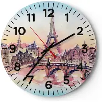 ARTTOR Wanduhr - Rund - Glasuhr - Brücke Eiffle Illustration Frankreich - 30x30cm - Schleichendes Uhrwerk - Lautlos - zum Aufhängen bereit - Dekoration Modern - Wanddekoration aus Glas - C4AR30x30-2999
