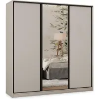Masseno Schiebetürenschrank TARI 180/205/58 cm Kleiderschrank mit 4 Schubladen Schlafzimmer Schrank 3-türig mit Spiegel Kaschmir