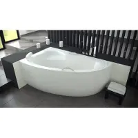 ECOLAM Badewanne Eckbadewanne Acryl Natalia weiß 150x100 cm LINKS + Schürze + weiße Kopfstütze + 2 x Handgriff Ablaufgarnitur Ab- und Überlauf Automatik