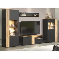 Furn.Design Wohnwand "Avila" grau und Eiche Schrankwand 4-teilig 340 cm mit Beleuchtung