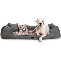 Tierlando Orthopädisches Hundebett VELVET Samt Velours Dreiecke geometrisch - Größe: 130x100cm | Farbe: 0218 Graphit-Orange