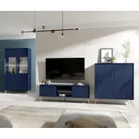 Lomadox Wohnwand blau modern, goldene Füße, mit Highboard & Vitrine mit LED Beleuchtung, 3-teilig RIPLEY-166