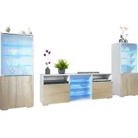 Vladon Wohnwand Granada, Anbauwand bestehend aus 2 Vitrinen und 1 TV-Board, Weiß matt/Eiche sägerau inkl. LED-Beleuchtung (286 x 122,5 x 35 cm)