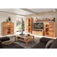 Lomadox Wohnzimmer Set mit Highboard, Beleuchtung, Front Kernbuche massiv NEWTON-36