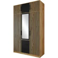 Mirjan 24 Kleiderschrank Tytus Lux D3 mit Schrankaufsatz, Garderobe mit 6 Drehtüren und 3 Schubladen, Aluminumgriffe, Kleiderstange, Frontspiegel (Farbe: Eiche Wotan / Schwarz + Eiche Wotan)