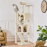 Yaheetech XXL Kratzbaum, 202,5 cm, mehrstufig, mit 3 Sisalstämmen, 3 Aussichtsplattformen, 2 Katzenhöhlen & 2 Plüschbällen, Beige